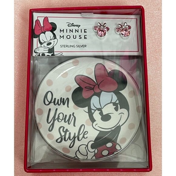 Disney Kids Sterling Silver Pink Crystal Minnie Mouse Stud Earrings & Mini Dish - Picture 1 of 4